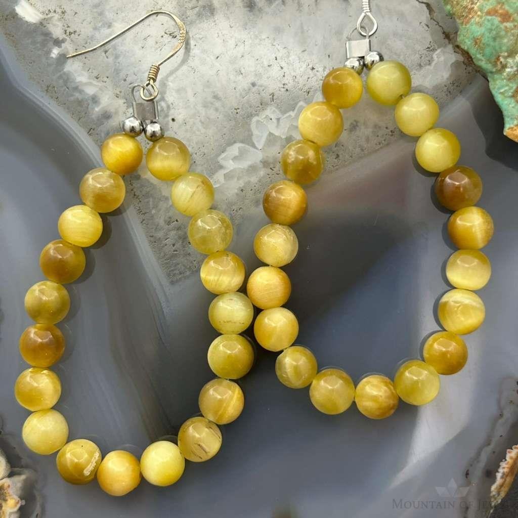 Sterling Silver 6mm Rounded Golden Tiger's Eye Hoop Dangle Earrings For Women