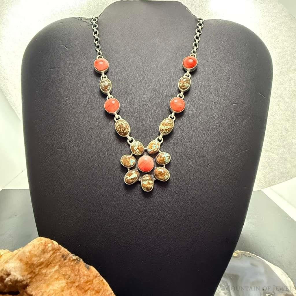 Sterling Silver Southwestern Style Turquoise & Spiny Oyster 20" Necklace For Women