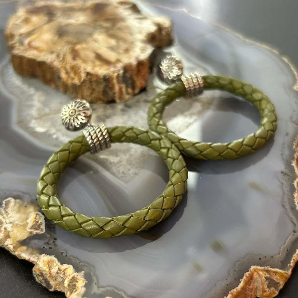 Carolyn Pollack Sterling Silver Olive Green Braided Leather Hoop Earrings For Women