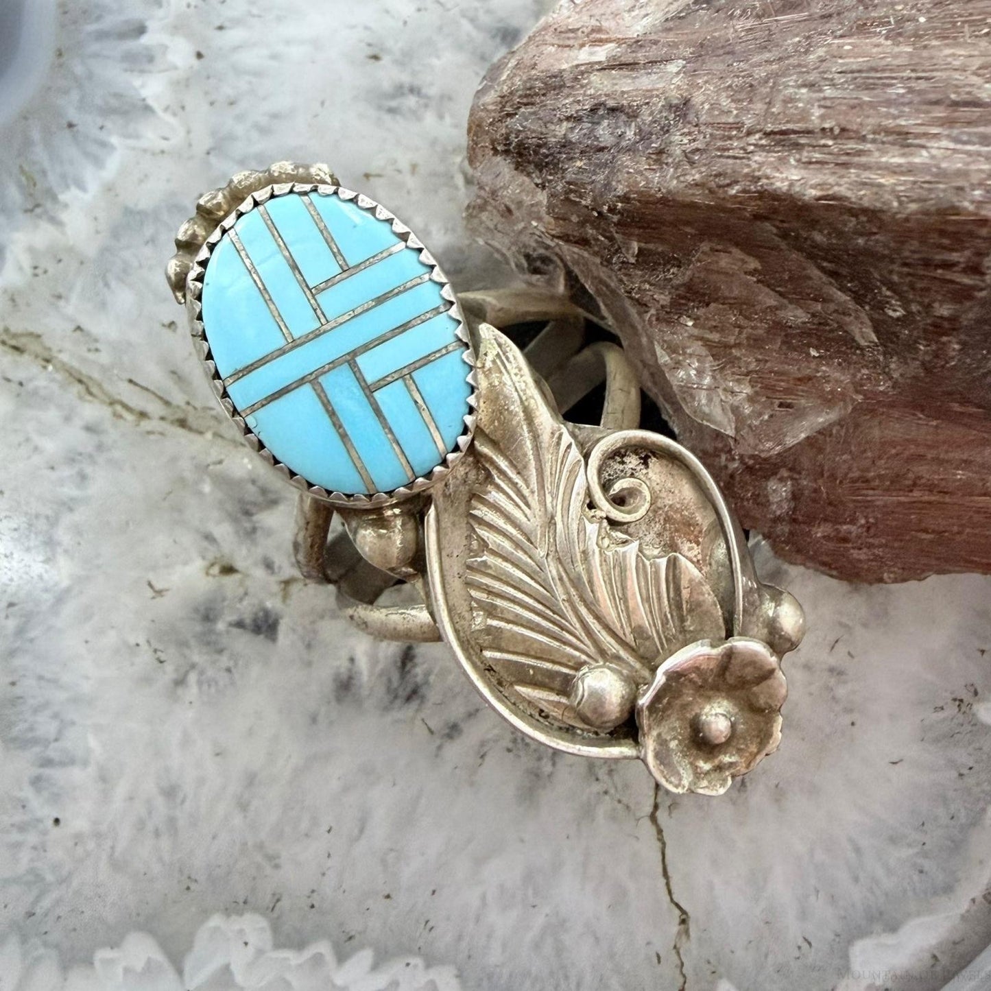 Silver Ray Sterling Silver Inlay Turquoise Decorated Leaves Ring Size 10 For Women