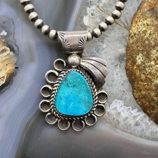 Vintage Native American Sterling  Silver Natural Turquoise Decorated Pendant For Women