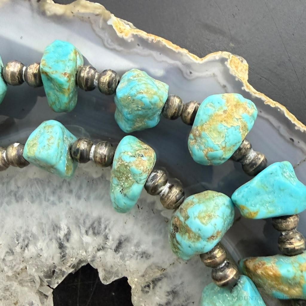 Vintage Sterling Silver Native American Natural Turquoise w/Silver Beads 27" Necklace For Women