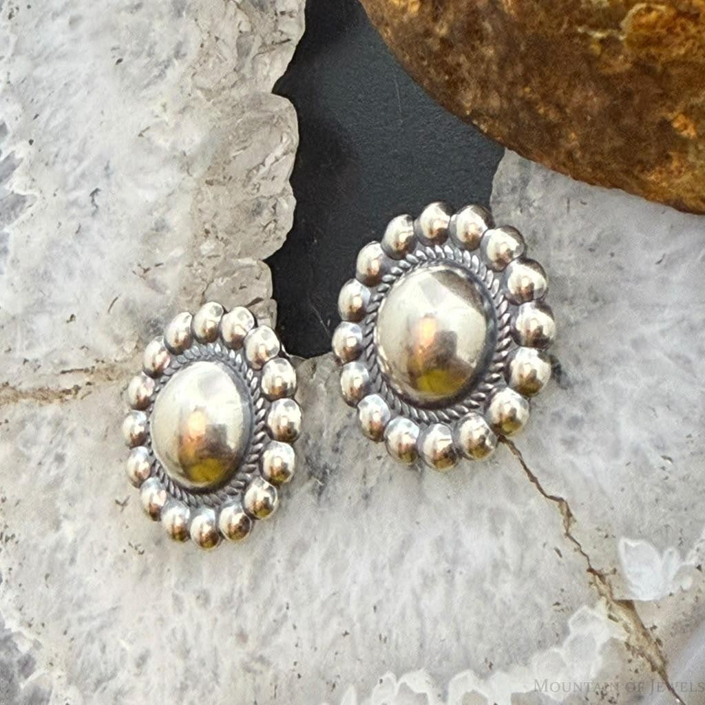 Native American Sterling Silver Round Dome Decorated Stud Earrings For Women #1