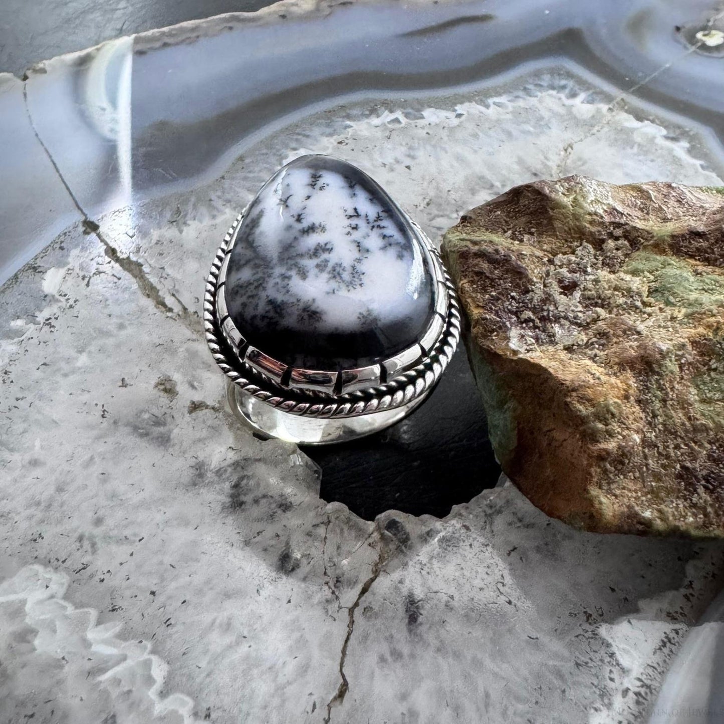 Sterling Silver Southwestern Style Large Teardrop Dendrite Agate Ring Size 10 For Women