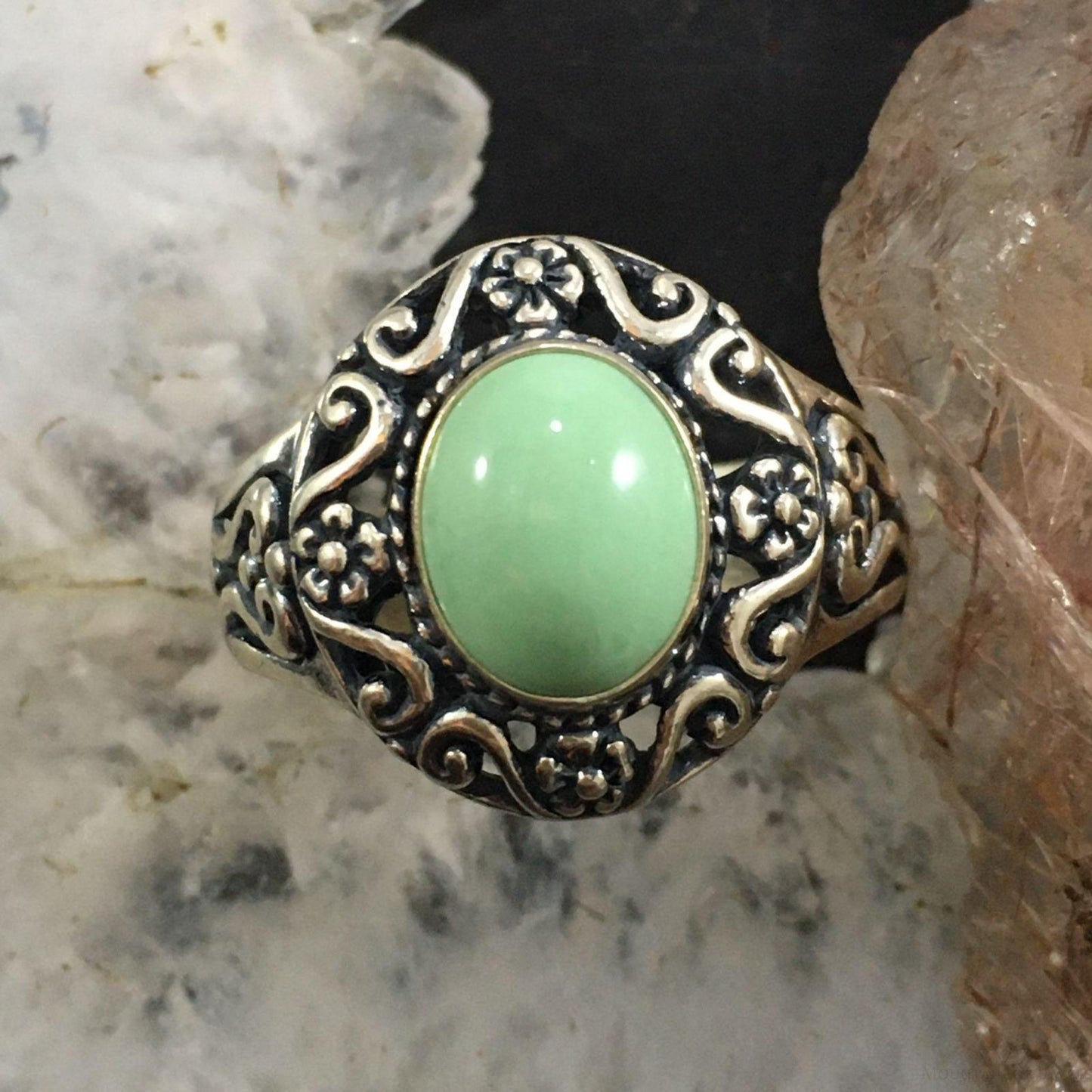 Carolyn Pollack Sterling Silver Oval Variscite Decorated Floral Ring For Women