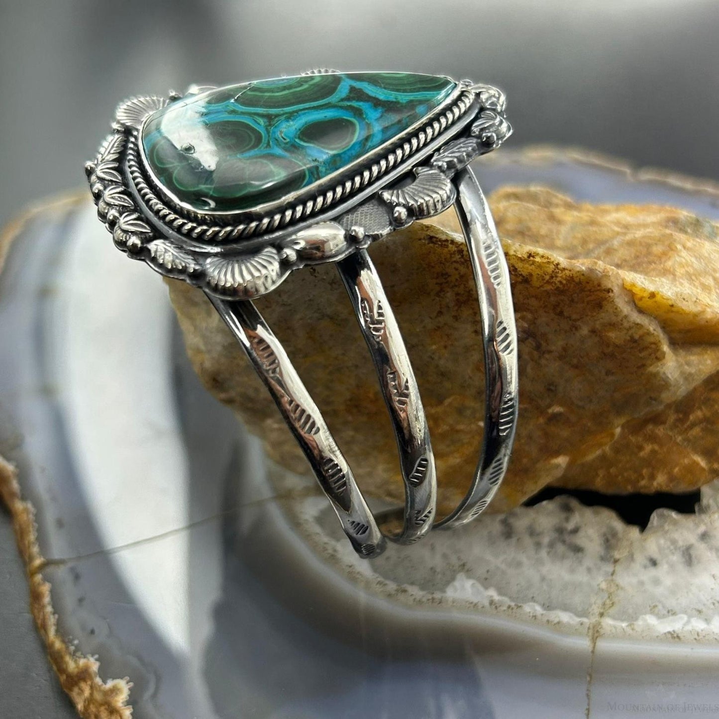 Sterling Silver Southwestern Style Teardrop Malachite Azurite Bracelet For Women