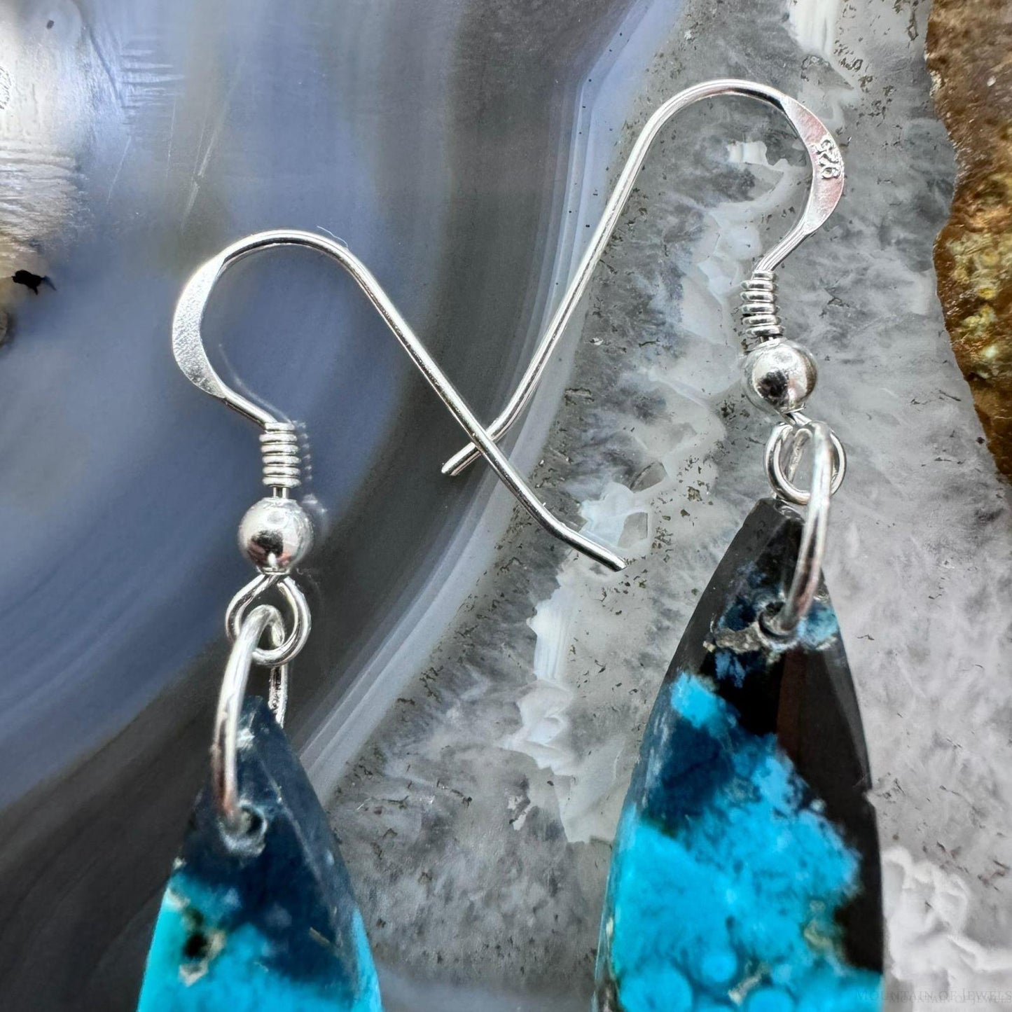 Sterling Silver Elongated Teardrop Chrysocolla Slab Dangle Earrings For Women #224