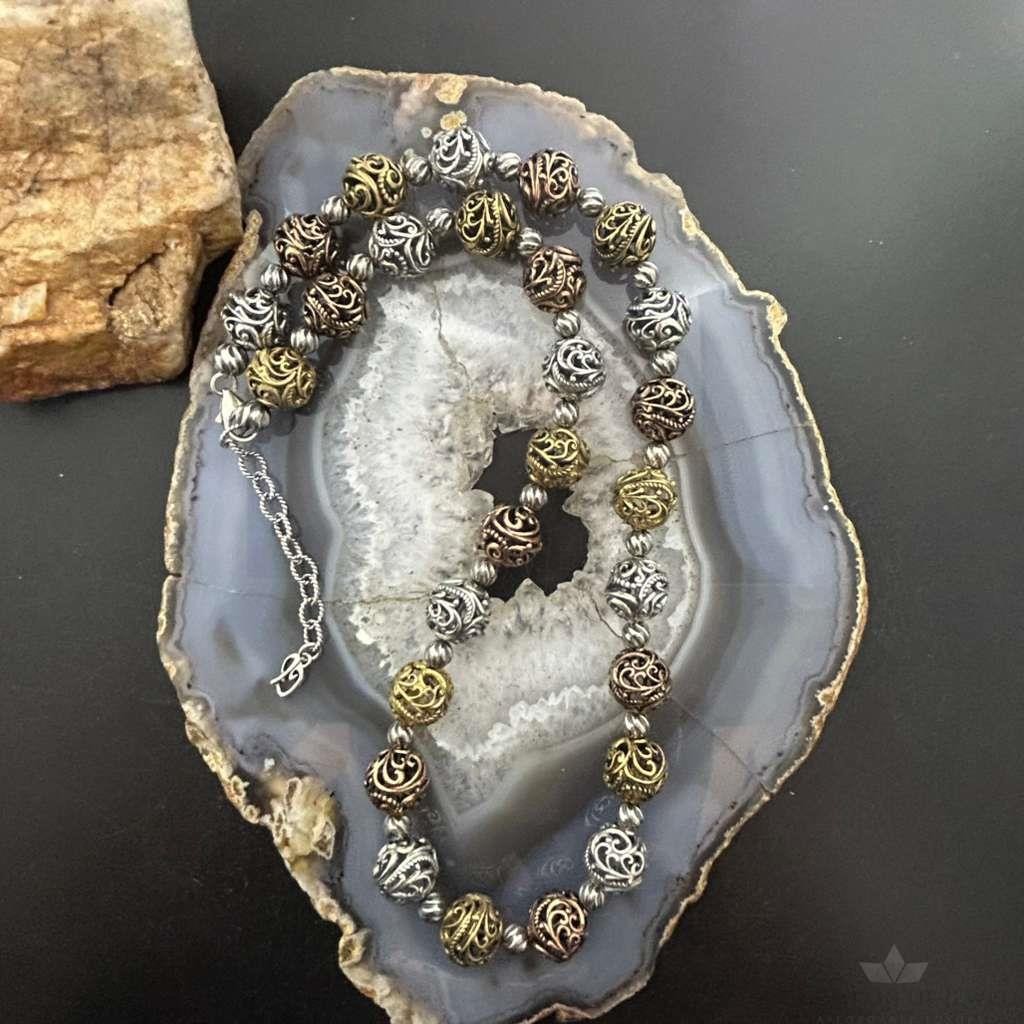 Carolyn Pollack Sterling Silver & Brass Swirl Hollow Beaded Necklace For Women