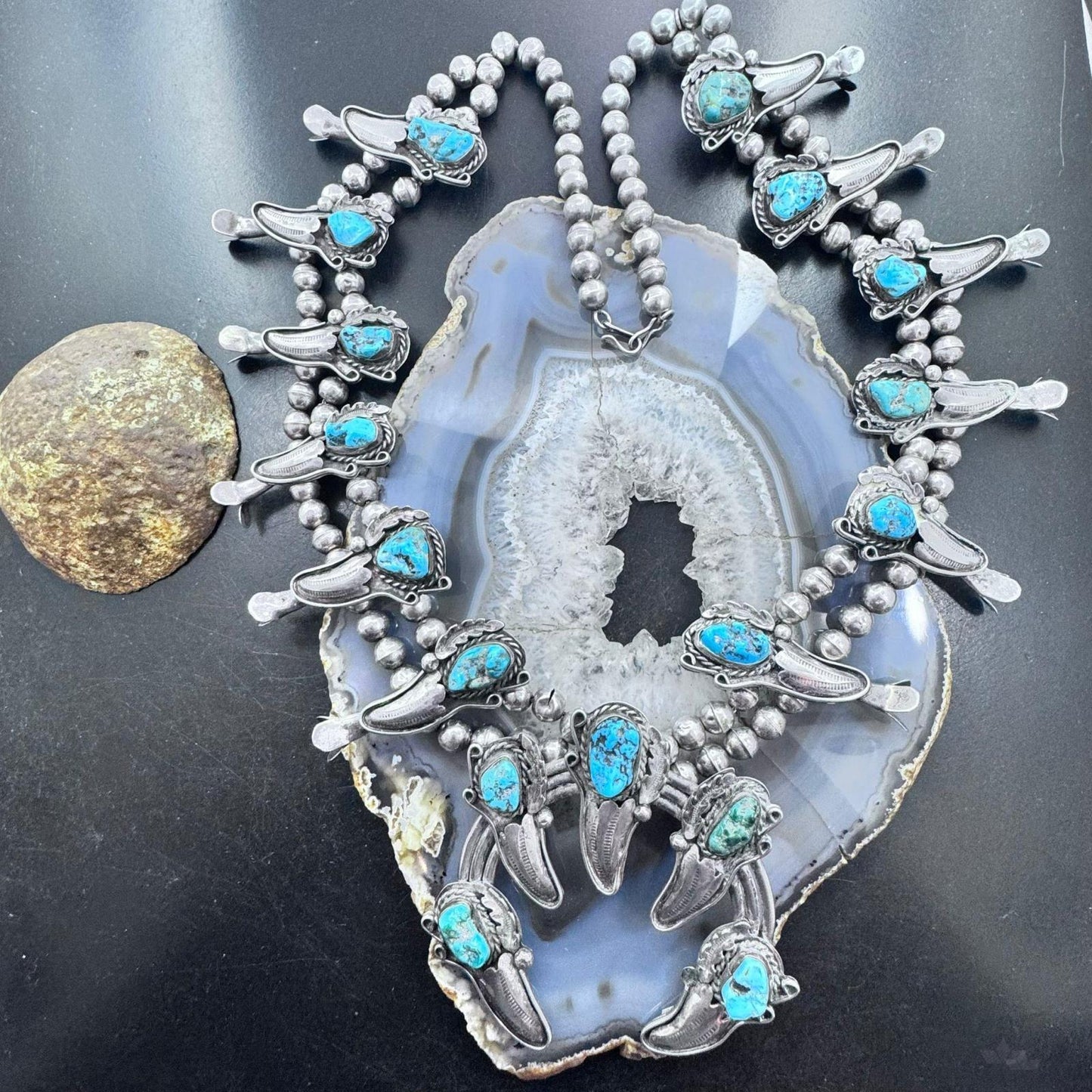 Vintage Native American Silver Kingman Turquoise Squash Blossom Necklace 28"