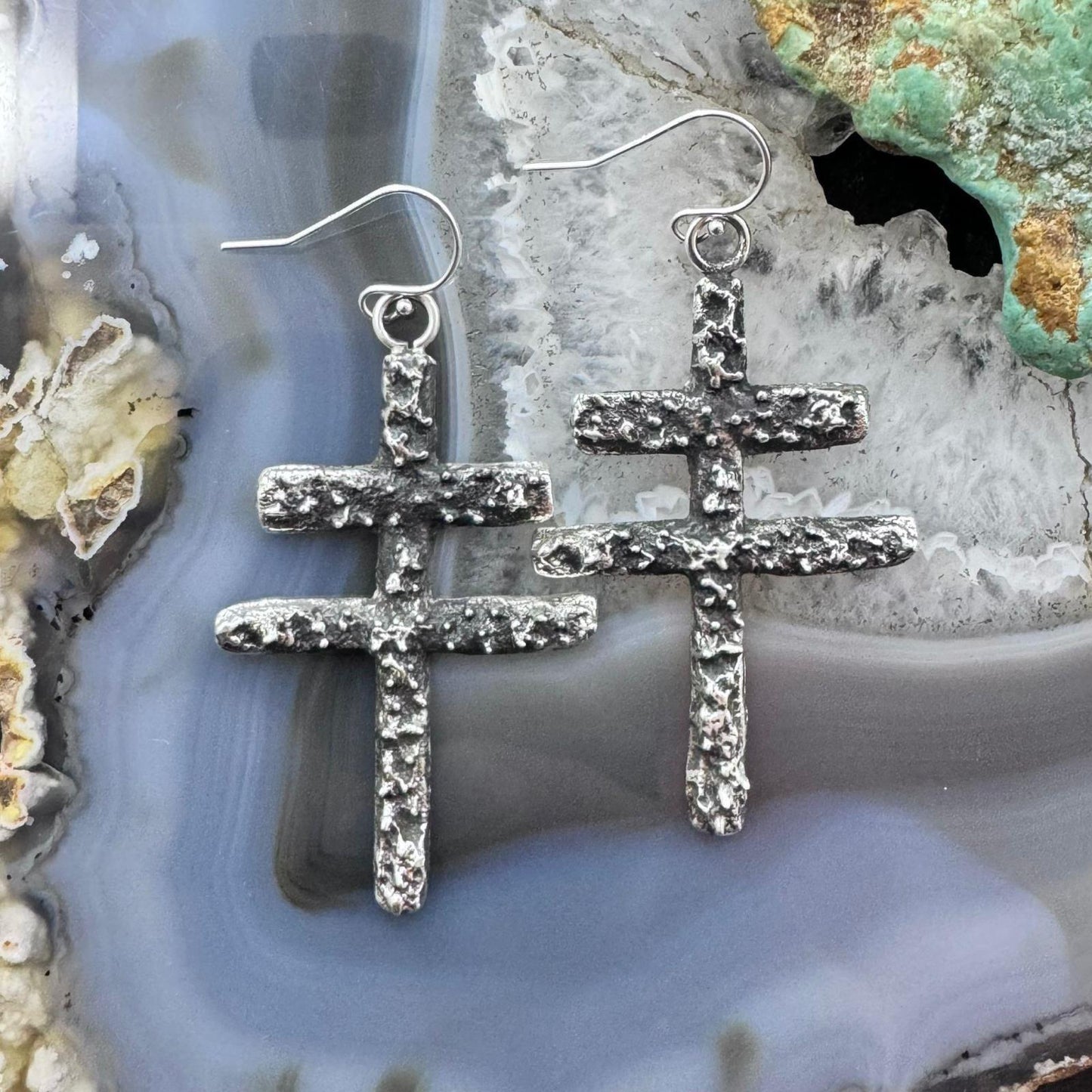 Cheyenne Custer Sterling Silver Tufa Cast Native Cross Dangle Earrings For Women