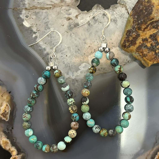 Sterling Silver Rounded Various Turquoise Beads Hoop Dangle Earrings For Women