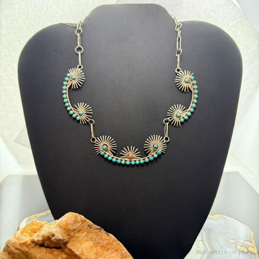 Vintage Native American Silver Petitpoint Turquoise & Coral Necklace For Women