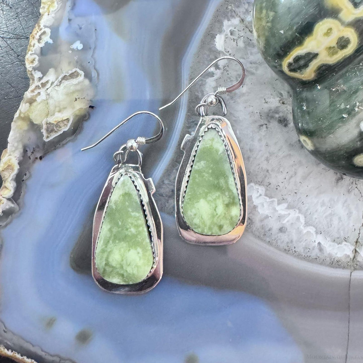 Frank Chavez Native American Sterling Silver Teardrop Serpentine Dangle Earrings For Women