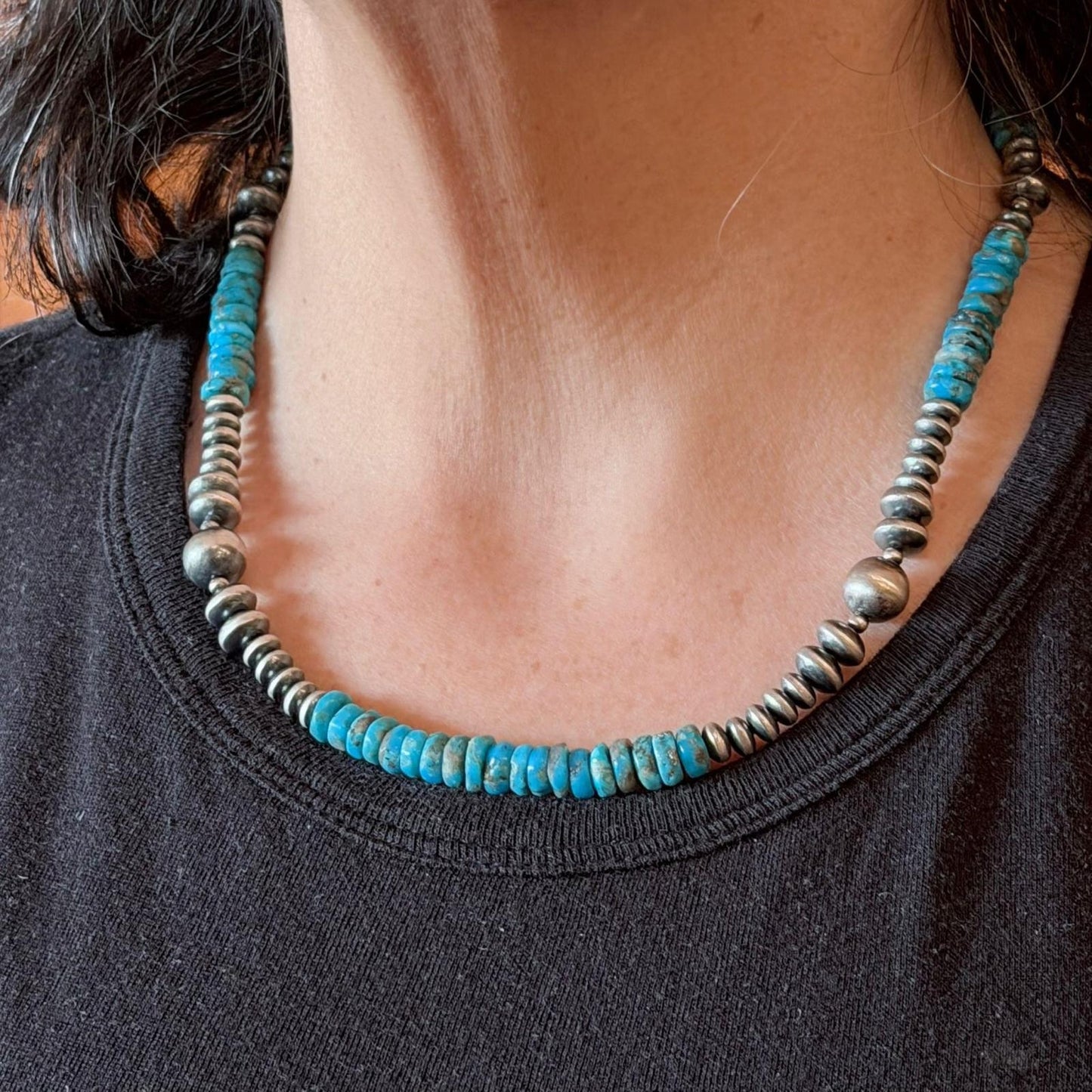 Sterling Silver Southwestern Style Blue Turquoise Beads & Starling Beads 18" Necklace For Women