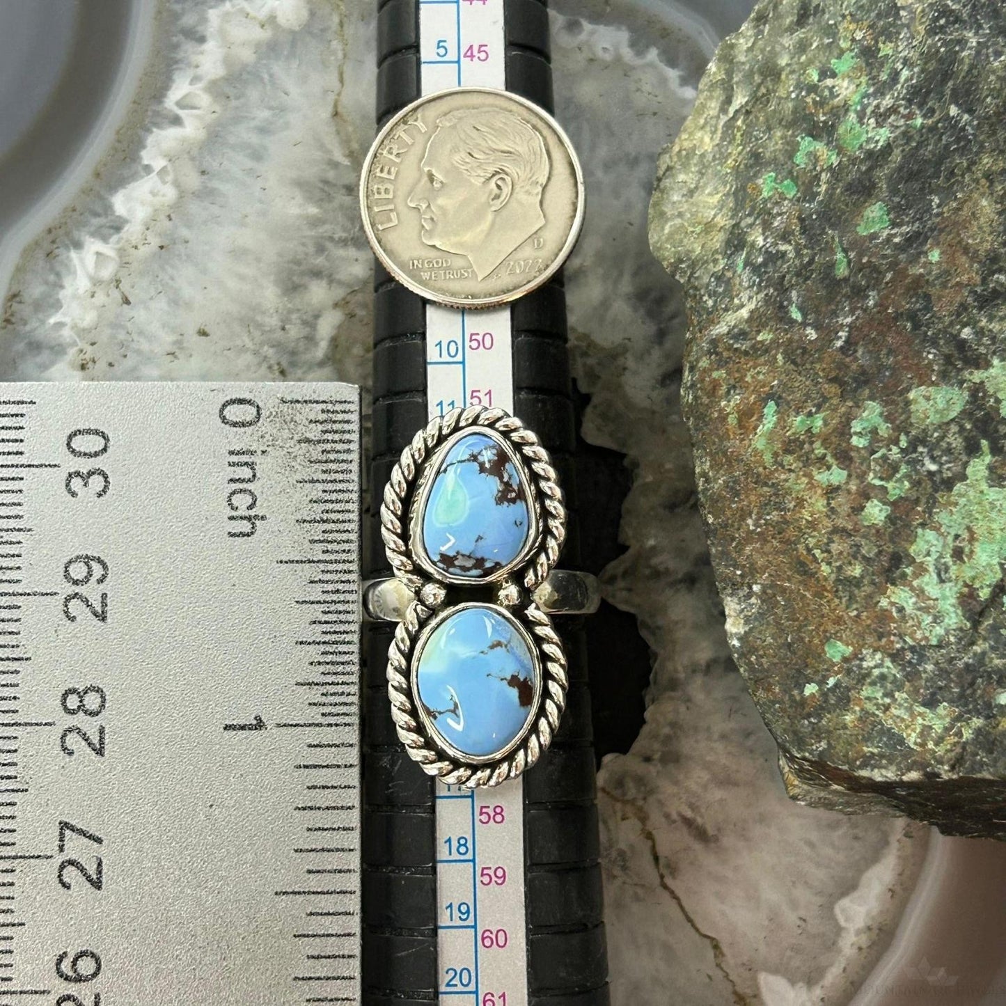 Southwestern Style Sterling Silver 2 Golden Hill Turquoise Ring Size 7 For Women