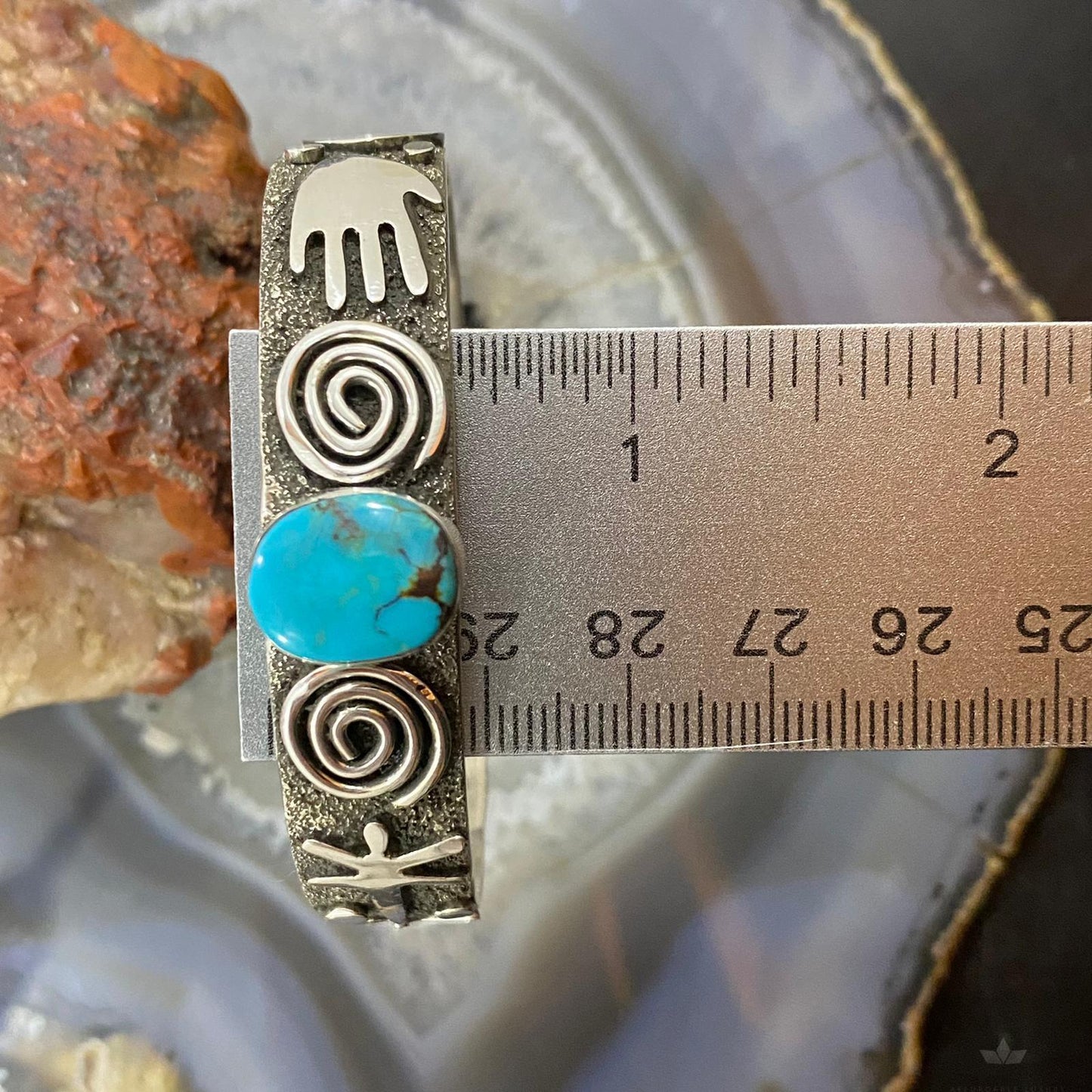 Alex Sanchez Native American Sterling Silver Turquoise Petroglyph Bracelet #2