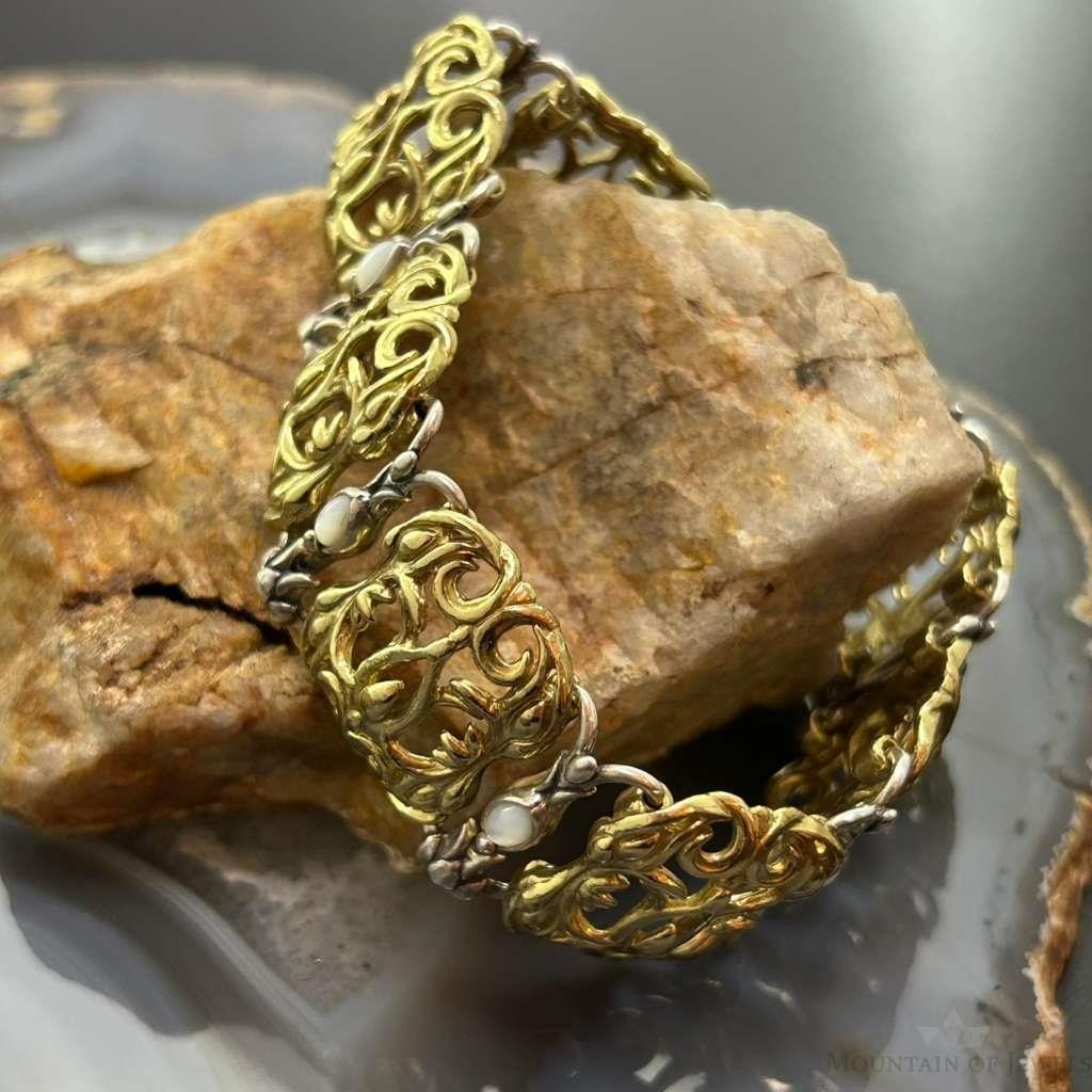 Carolyn Pollack Vintage Brass 8 Marquise MOP Hidden Clasp Bracelet For Women