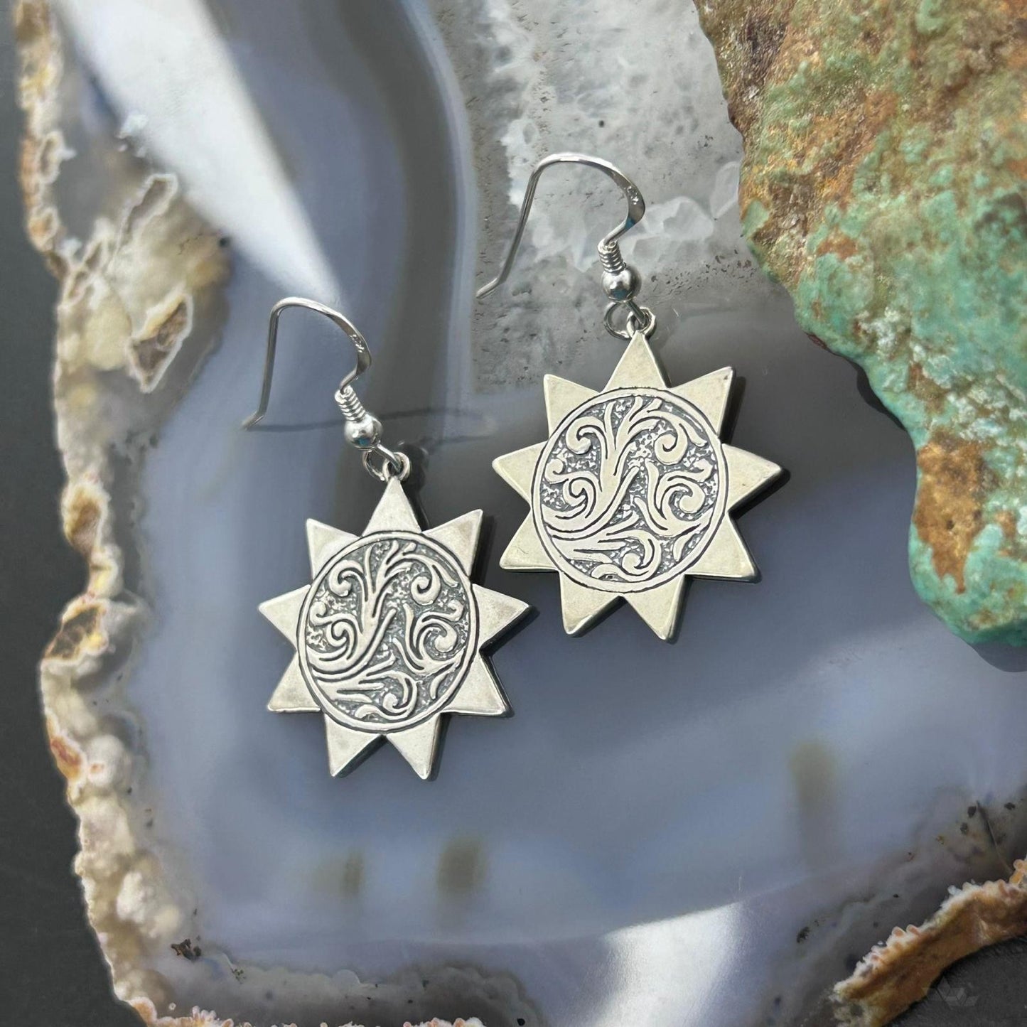 Carolyn Pollack Southwestern Style Sterling Silver Sun w/Swirl Engraved Dangle Earrings