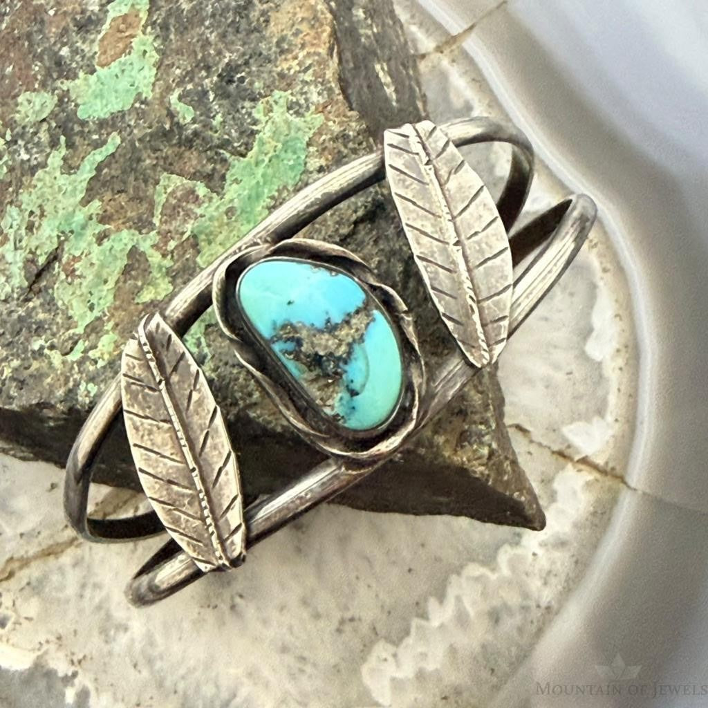 Vintage Native American Silver Leaf & Turquoise Split Shank Bracelet For Women