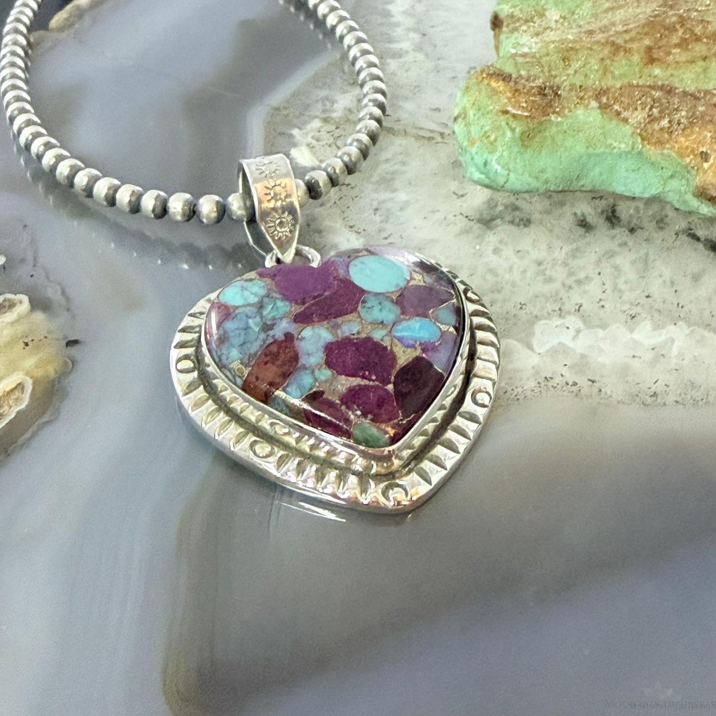 Sterling Silver Southwestern Style Purple Dahlia Heart Pendant For Women