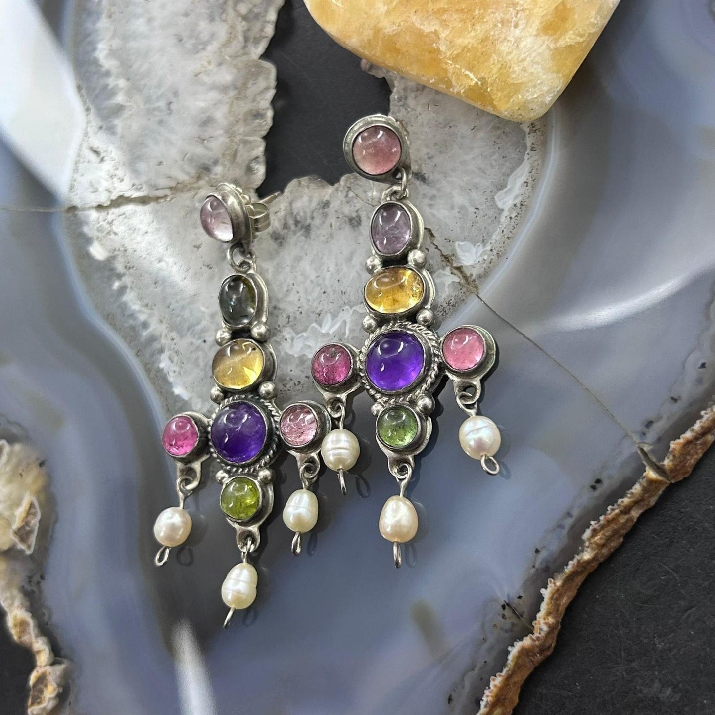 Ron Wesley Silver Southwestern Style Multi Gemstone Dangle Earrings For Women