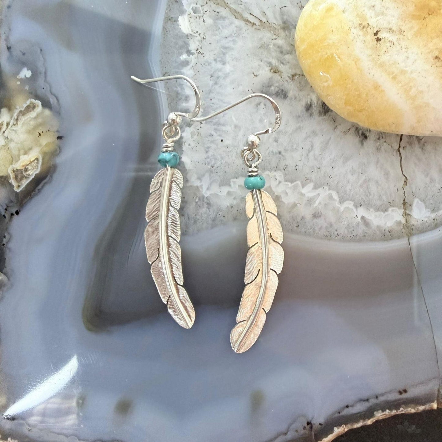 Anthony Gatewood Sterling Silver & Turquoise Bead Feather Dangle Earrings For Women