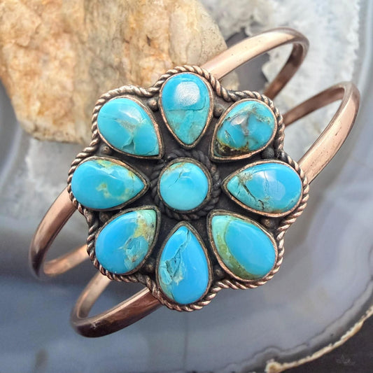 Copper Southwestern Style Teardrop Mohave Turquoise Cluster Bracelet For Women