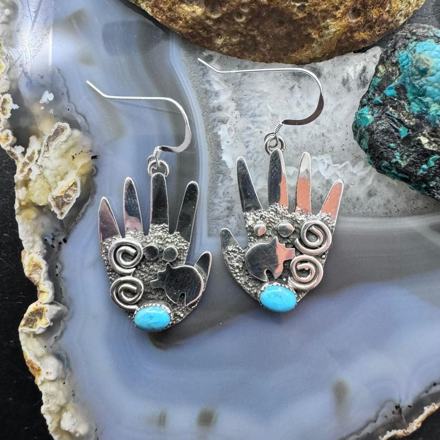 Alex Sanchez Sterling Silver Ancestors Hand Petroglyph W/Turquoise Dangle Earrings For Women #2