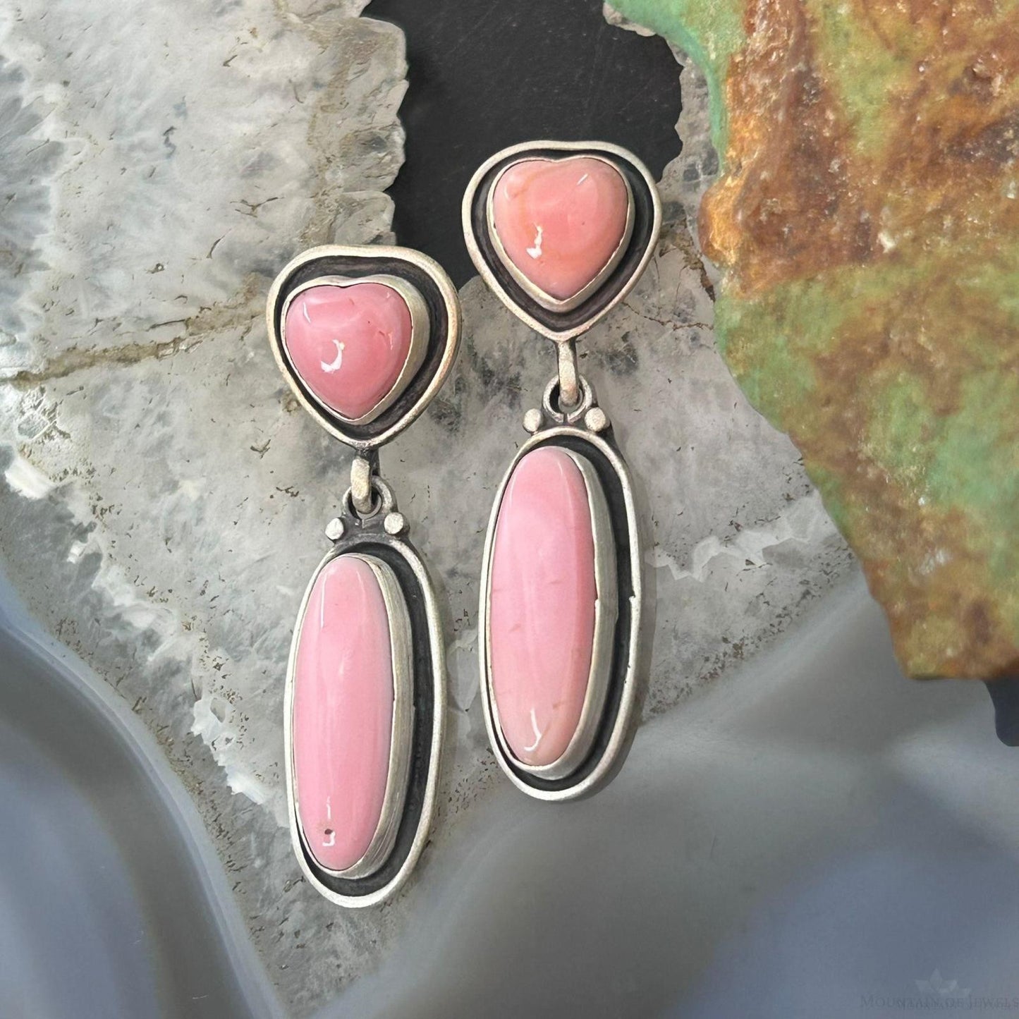 Native American Sterling Silver Pink Conch Heart & Oval Dangle Earrings For Women