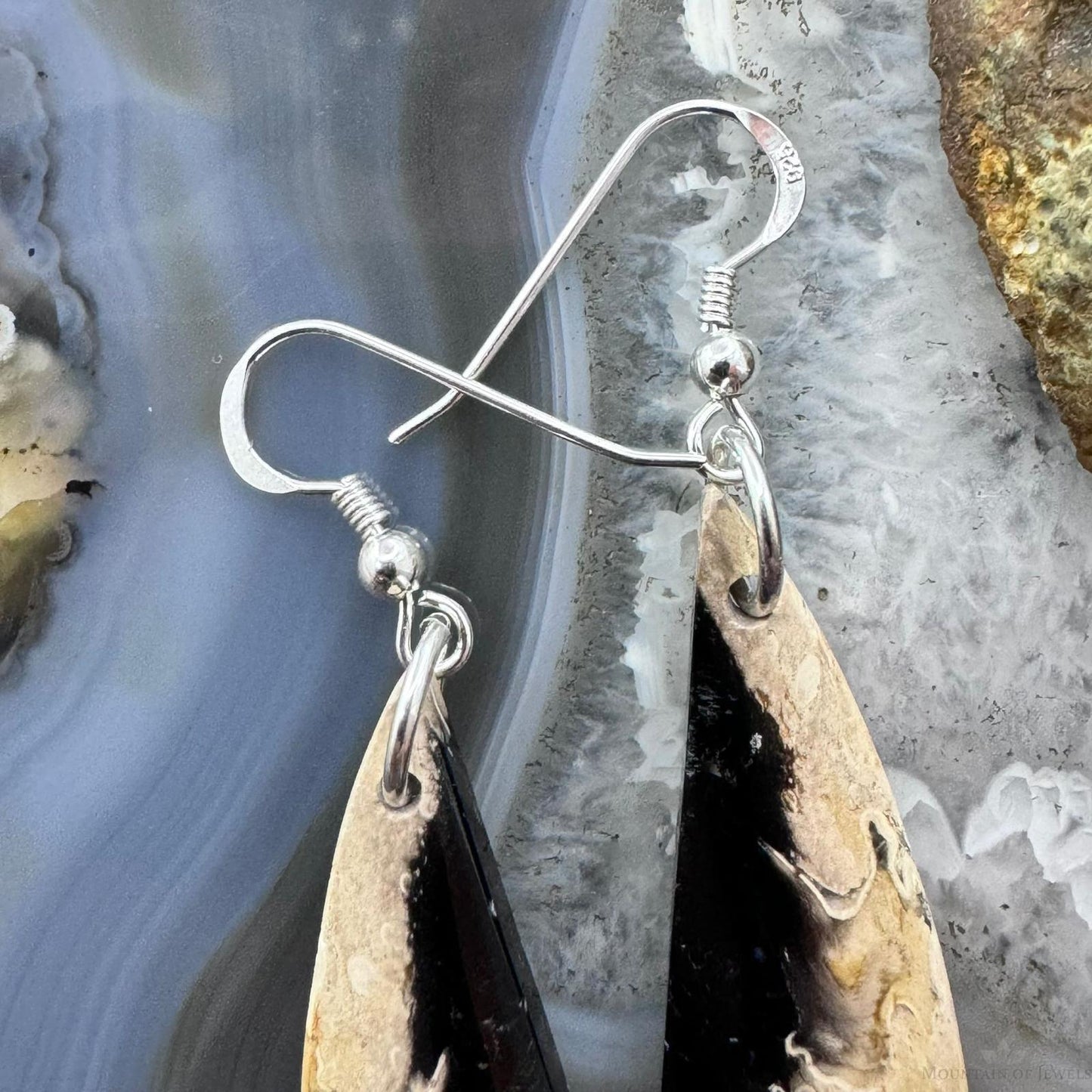 Sterling Silver Elongated Triangle Plum Root Jasper Slab Dangle Earrings For Women #223