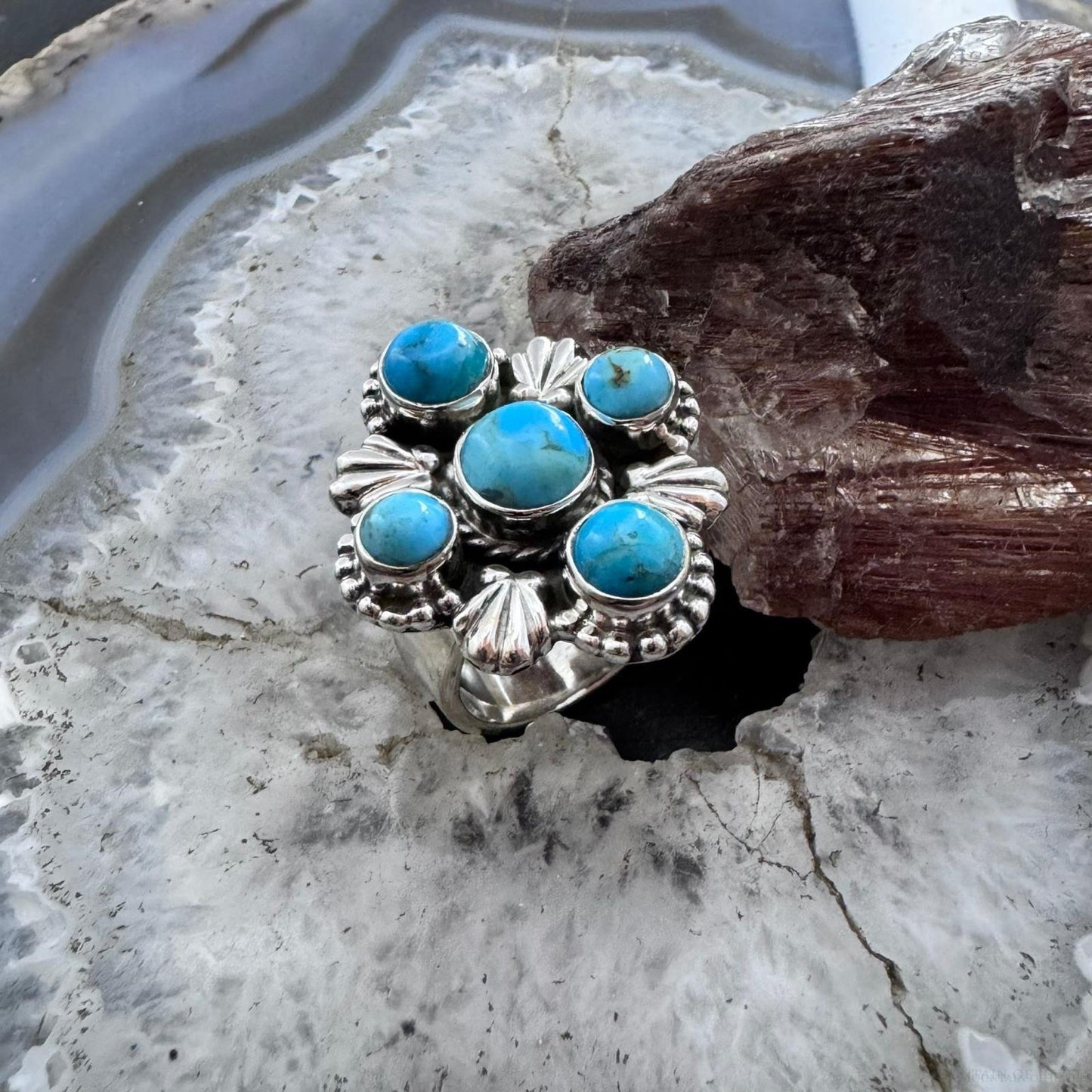 Sterling Silver Southwestern Style Composite Turquoise Cluster Adjustable Ring For Women