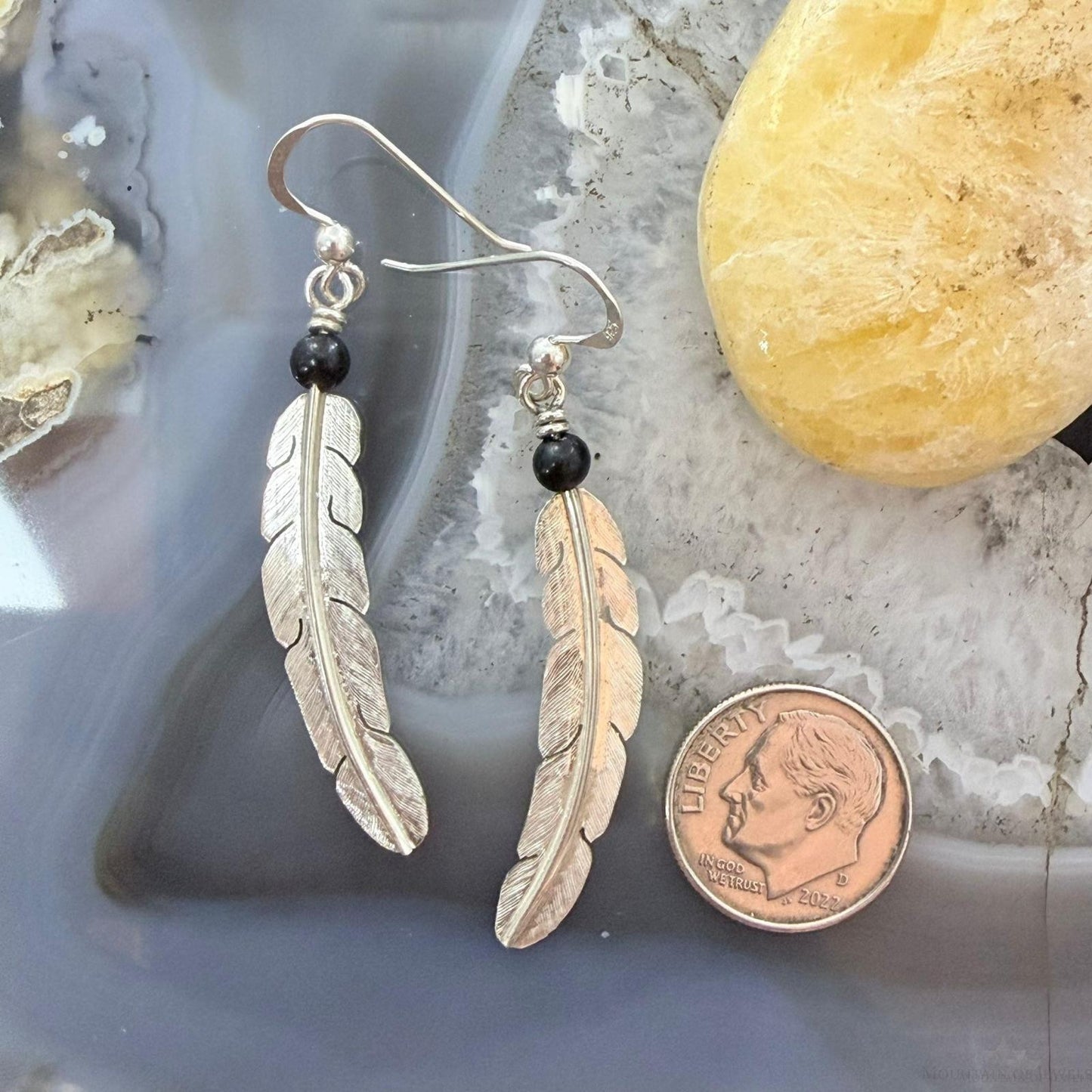 Anthony Gatewood Sterling Silver & Onyx Bead Feather Dangle Earrings For Women