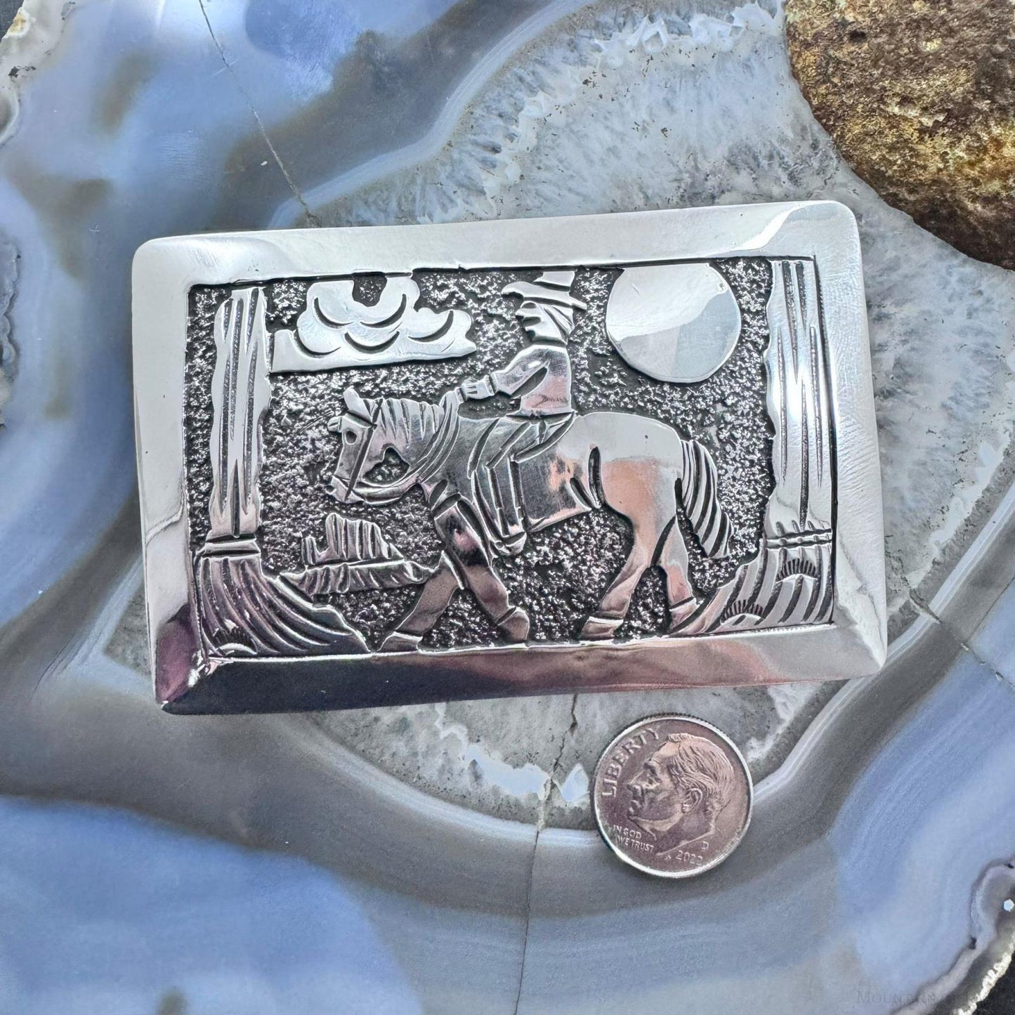 Elaine Becenti Native American Sterling Silver Rectangular Overlay Belt Buckle For Men