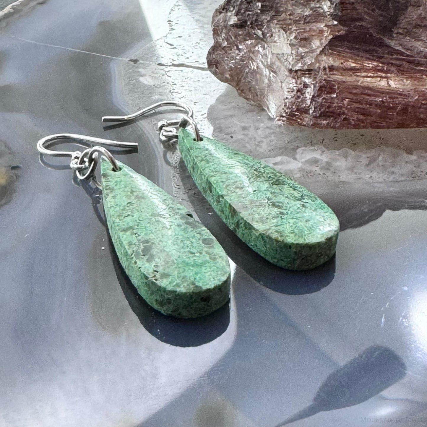 Sterling Silver Elongated Teardrop River Jasper Slab Dangle Earrings For Women #231