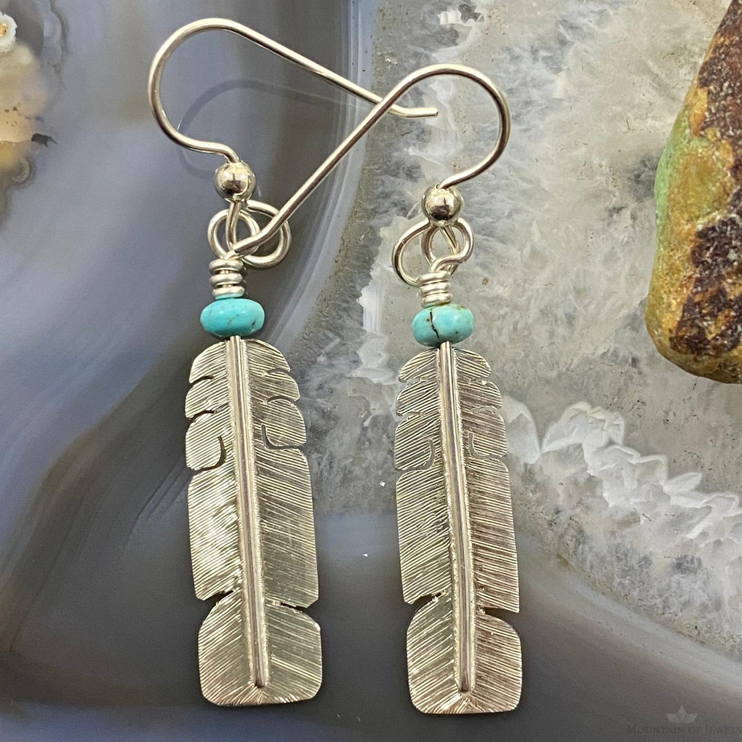 David Kuticka Native American Sterling Silver Feather w/Turq Dangle Earrings #2