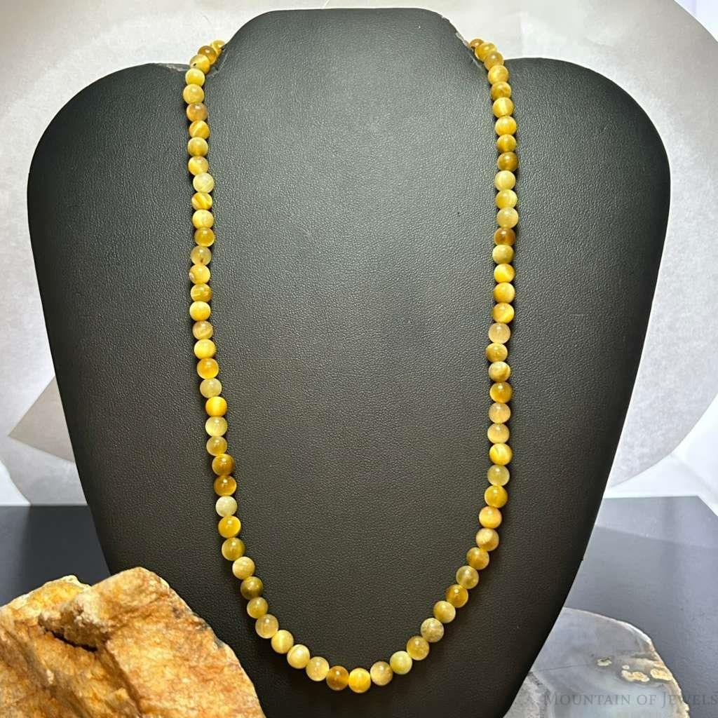 Sterling Silver 6mm Round Golden Tiger's Eye Beads 20" Necklace For Women