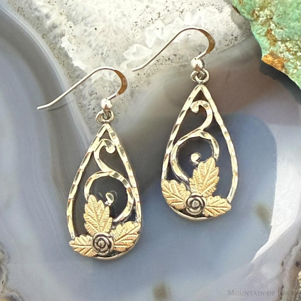 Vintage Sterling Silver Teardrop Swirl, Rose & Leaf Fashion Dangle Earrings For Women