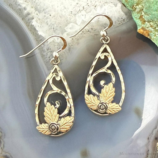 Vintage Sterling Silver Teardrop Swirl, Rose & Leaf Fashion Dangle Earrings For Women