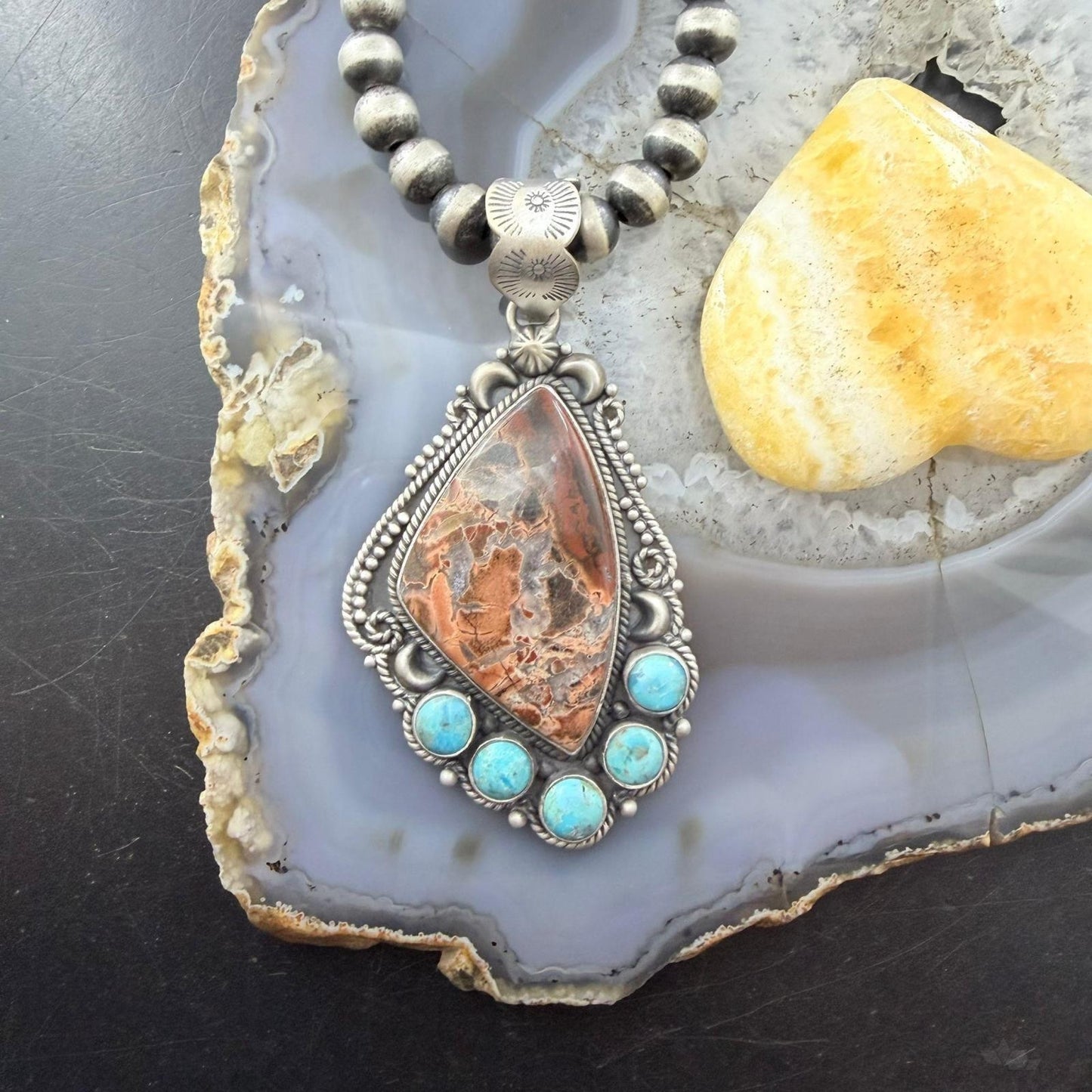 Sterling Silver Southwestern Style Dendritic Jasper & Turquoise Pendant For Women
