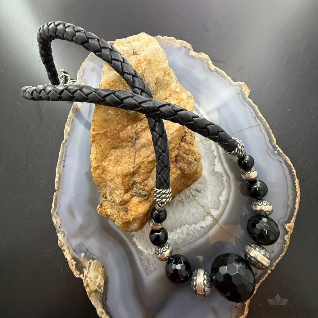 Carolyn Pollack Sterling Rounded & Faceted Onyx Beads Braided Leather Necklace For Women