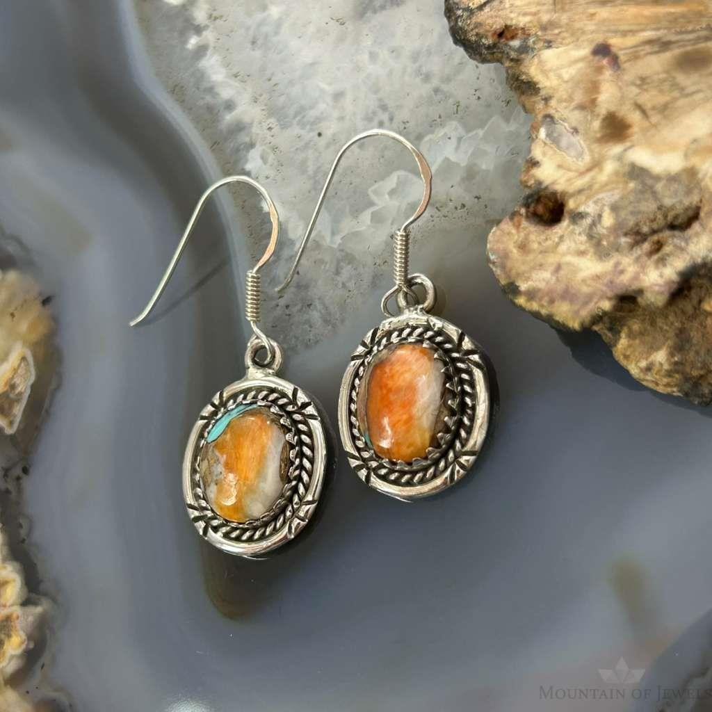 Sterling Silver Southwestern Style Spiny Oyster Turquoise Dangle Earrings For Women #6