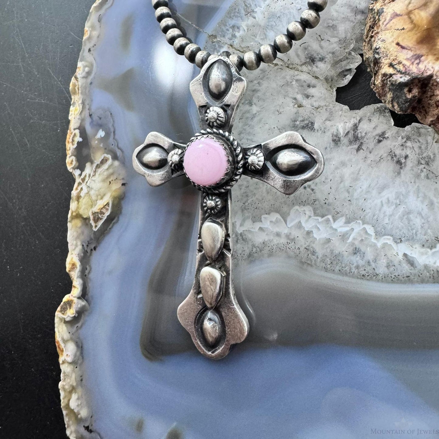 Richard Yazza Sterling Silver Round Pink Conch Decorated Unisex Cross Pendant