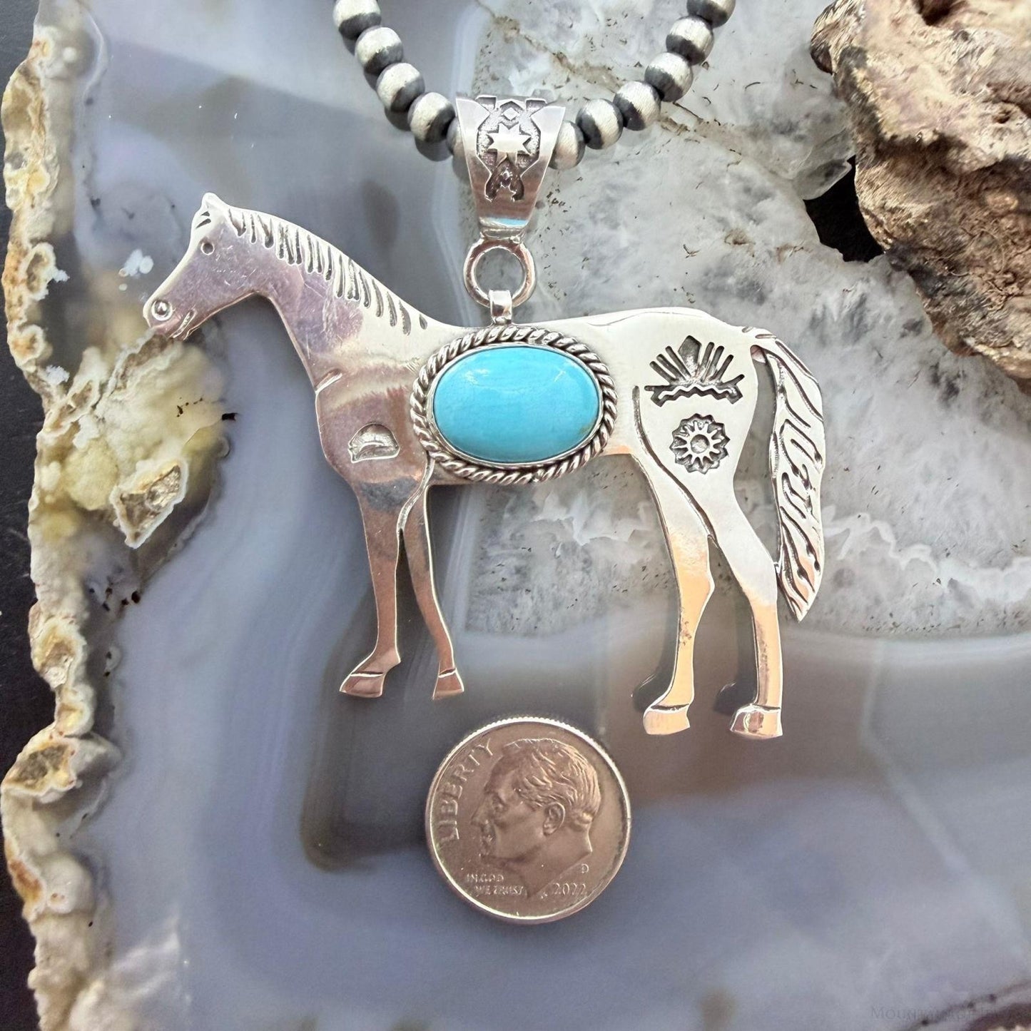 Sterling Silver Turquoise Stamped w/Indigenous Symbols Horse Unisex Pendant
