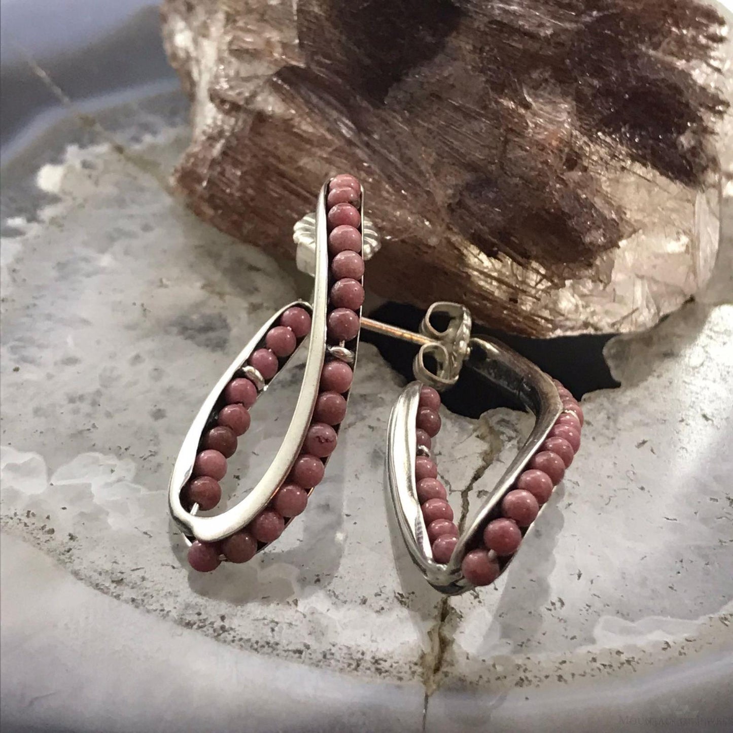 Carolyn Pollack Sterling Silver 23 Rhodonite Bead Curved Hoop Earrings For Women