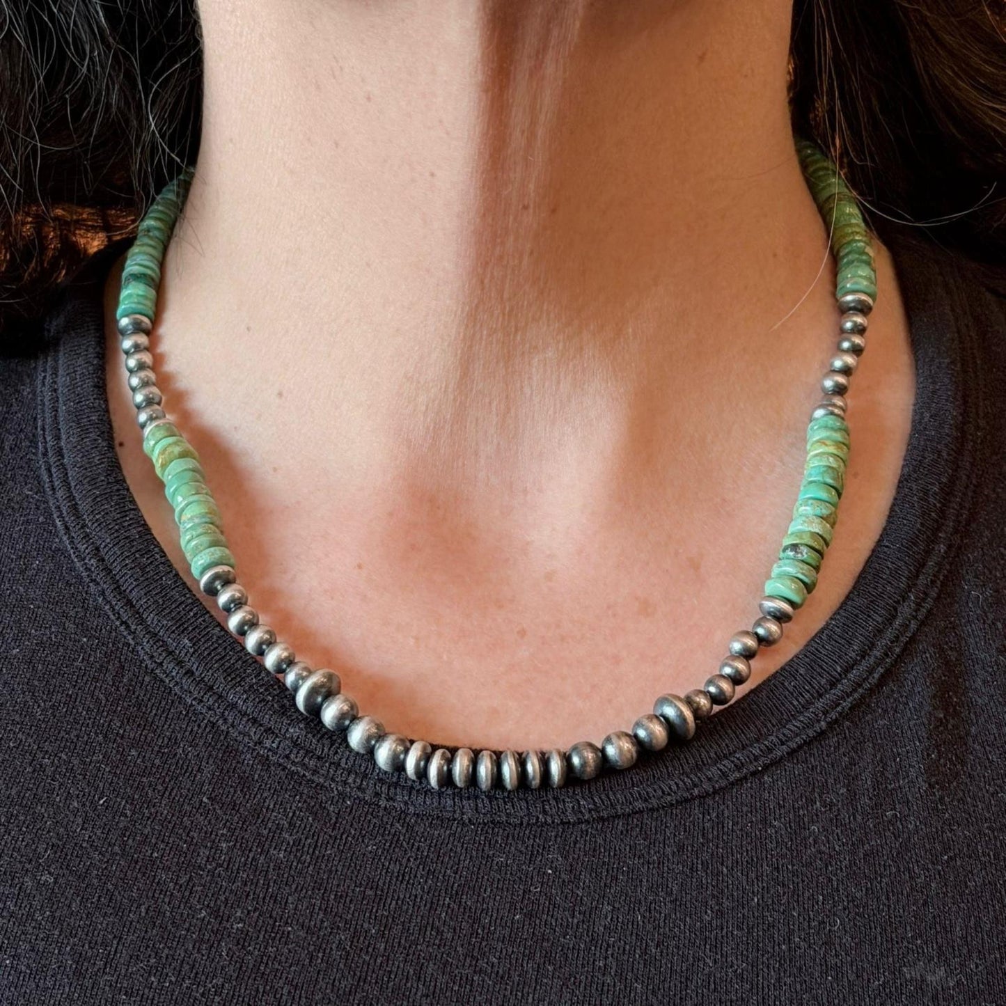 Sterling Silver Southwestern Style Green Turquoise Beads & Starling Beads 20" Necklace For Women