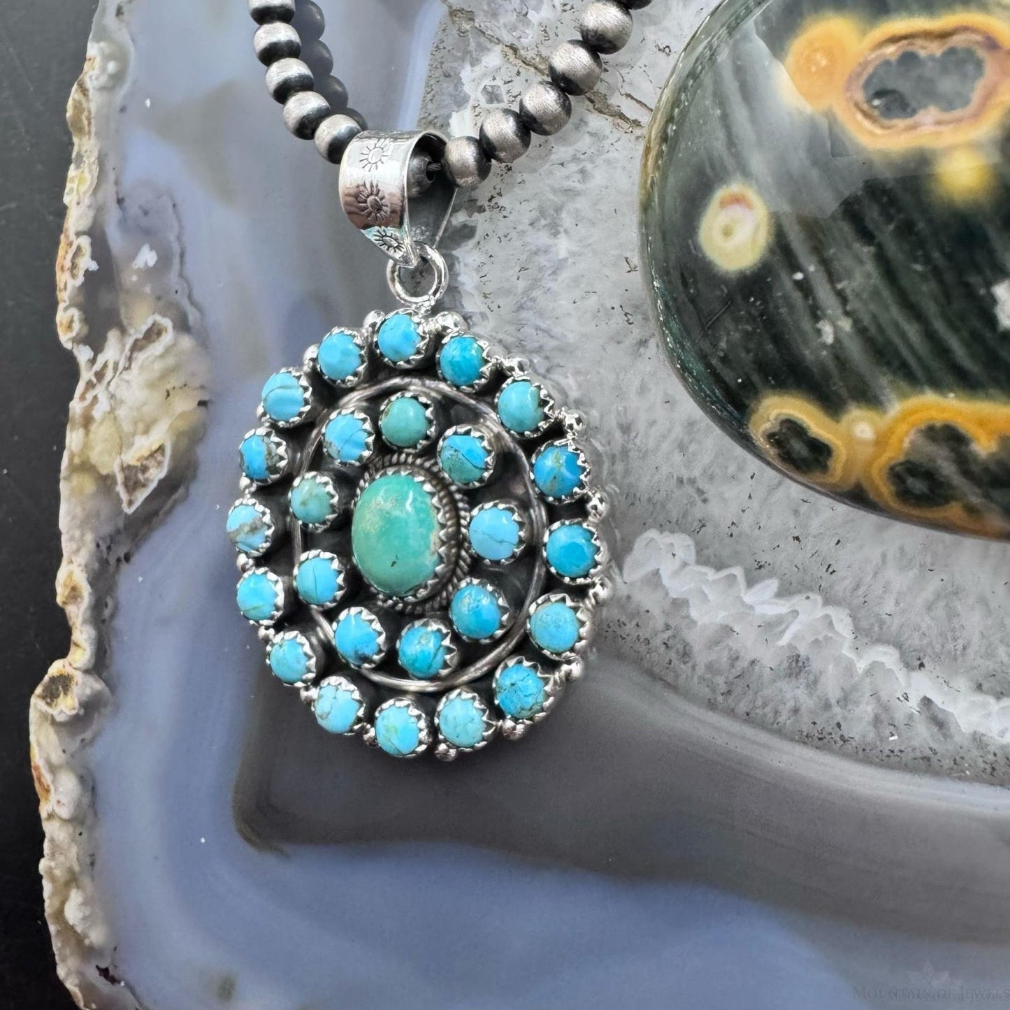 Sterling Silver Southwestern Style Rounded Turquoise Round Cluster Pendant For Women