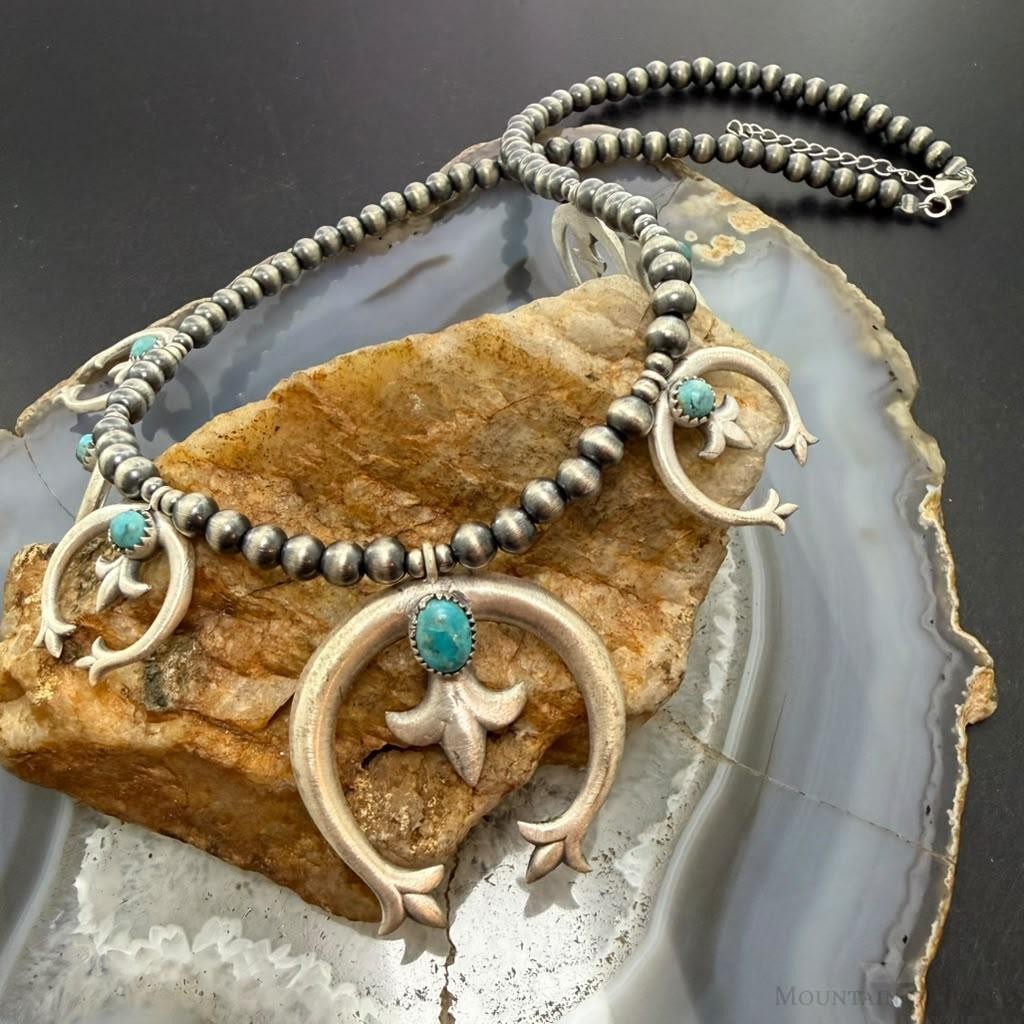 Sterling Southwestern Style 6 Small Naja & Large Naja Squash Blossom Necklace