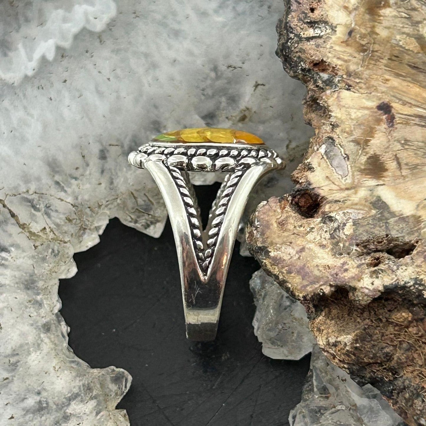 Carolyn Pollack Sterling Silver Oval Chip Inlay Decorated Ring For Women