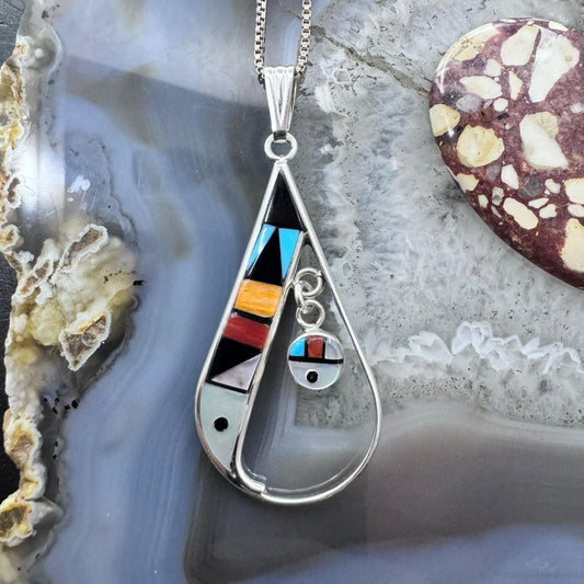 Sheryl Edaakie Zuni Sterling Silver Multistone Inlay Teardrop Pendant For Women #3