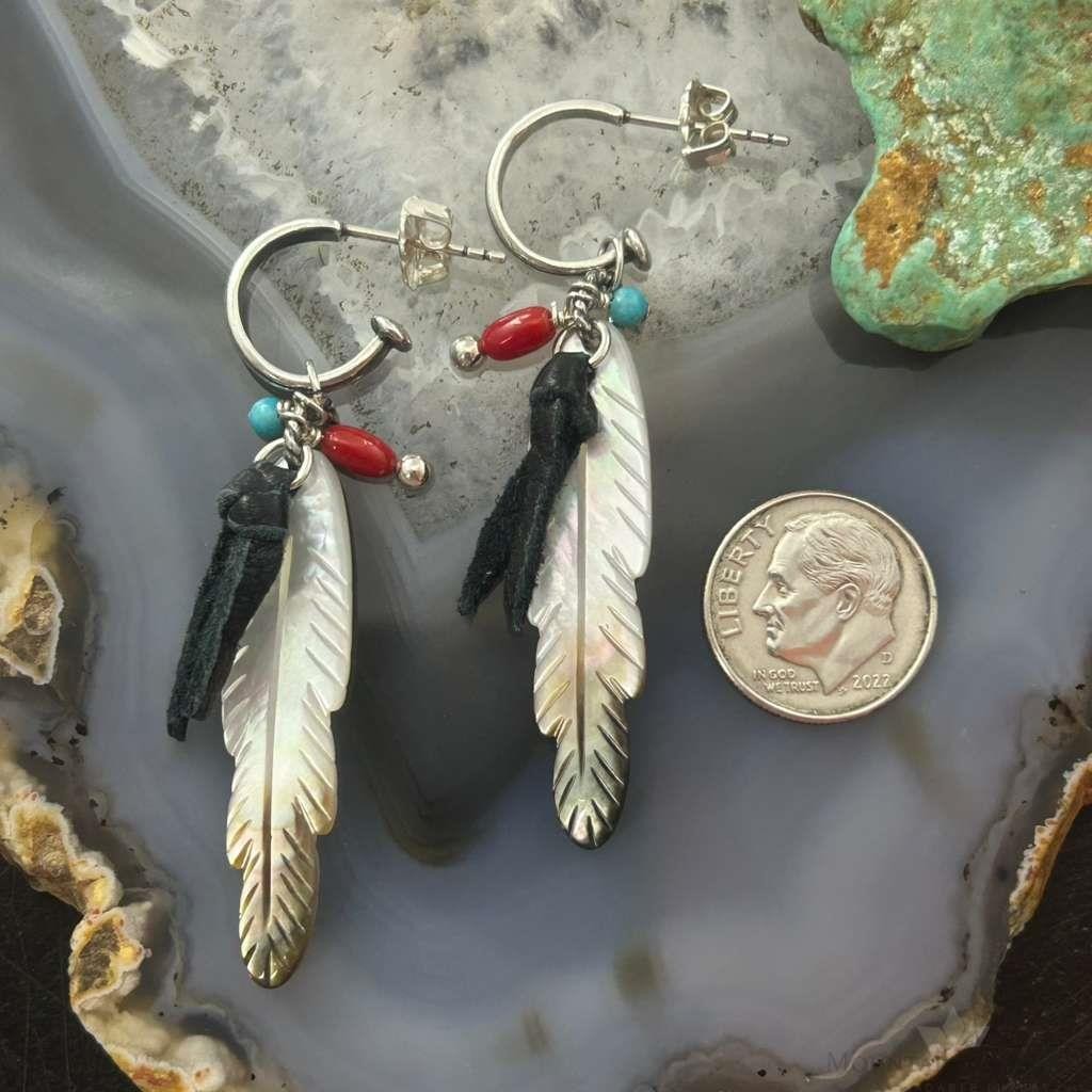 Carolyn Pollack Southwestern Style Sterling Silver MOP Etched Feather Dangle Earrings